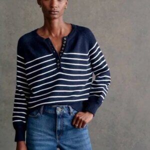 Sezane Leontine Jumper Striped Navy Ecru Henley Sweater Size XL